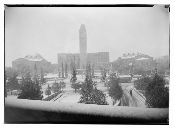 The Y bldg (YMCA) and the King David Hotel on a snowy day in Jerusalem taken Jan. 30, 1943