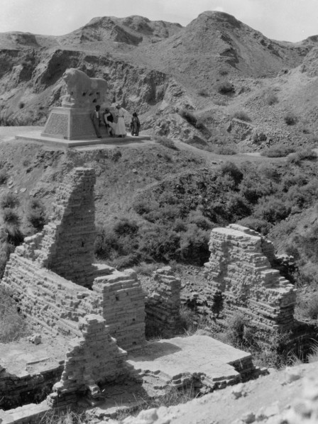 Ruins of Babylon the great in Iraq, views of crumbling ruins. Basalt lion. Marking Daniel's den ca. 1932