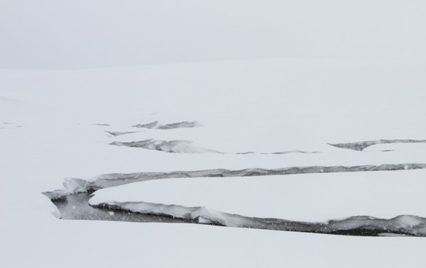 A creek winds through a snowy valley. Antler Creek in Hayden Valley in Yellowstone National Park; Date:  3 February 2015
