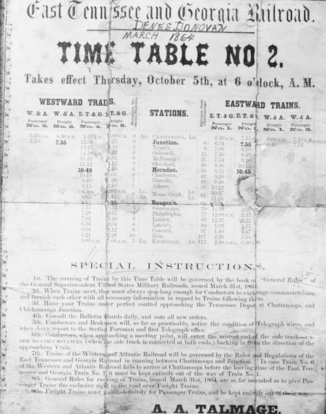 East Tennessee and Georgia Railroad time table ca.  1864