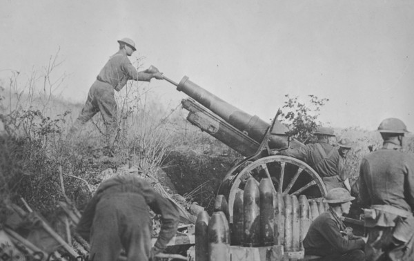 American 155 mm artillery cooperating with the 29th Div. in position on road just taken from the Germans. Battery A 324th artillery, 158th Brigade in France / Signal Corps ca.  1917