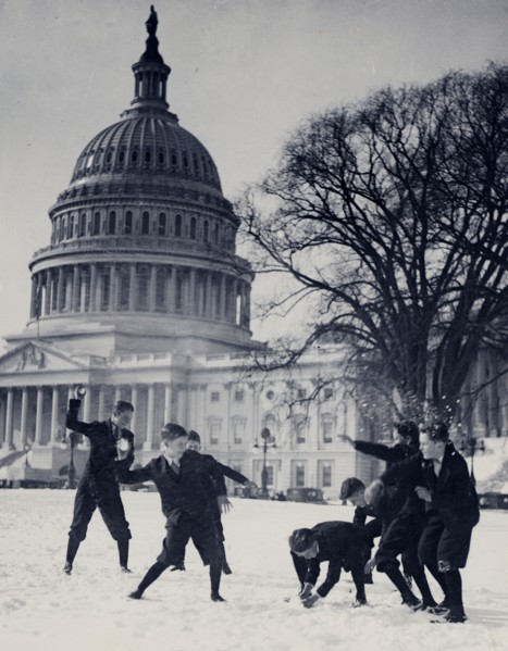 Senate page boys stage their first snow battle on the Capitol plaza ca. 1909