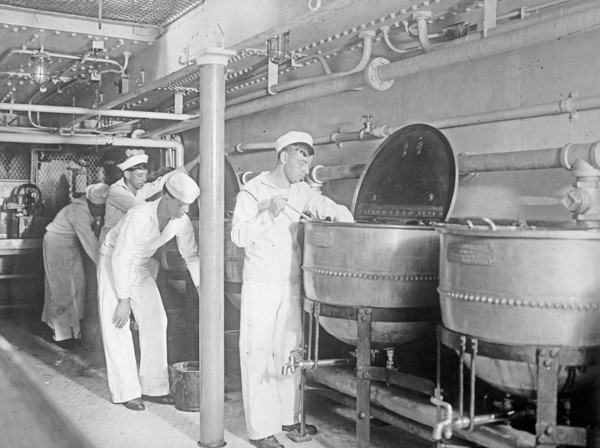 Sailors in the crew galley, U.S.S. North Dakota ca. between 1909 and 1920