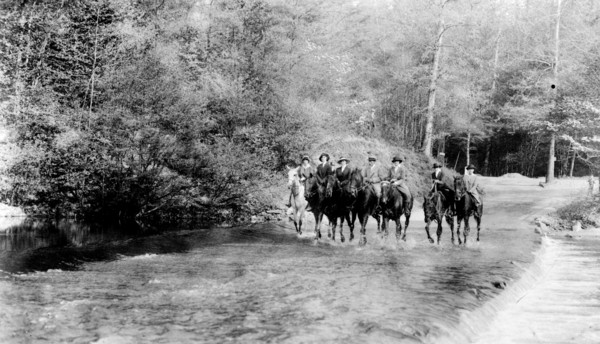 Horseback riders in stream in Rock Creek Park, Washington, D.C. ca. 1909