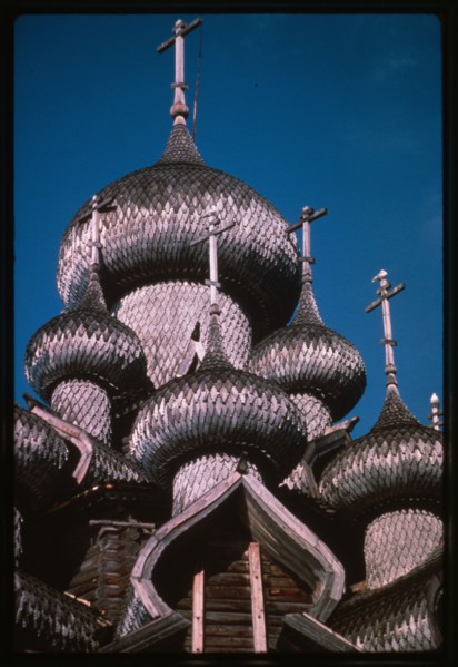 Church of the Transfiguration (1714), southwest view, cupolas with aspen, Kizhi Island, Russia 1991.