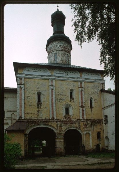St. Cyril (Kirill)-Belozersk Monastery, Holy Gates (1523), with Church of St. John Climacus (1572), south view, Kirillov, Russia 1993.
