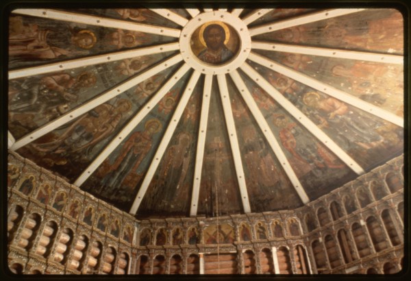 Church of the Epiphany (1787), interior, view east with  nebo (sky, or painted ceiling), Oshevensk, Russia 1998.