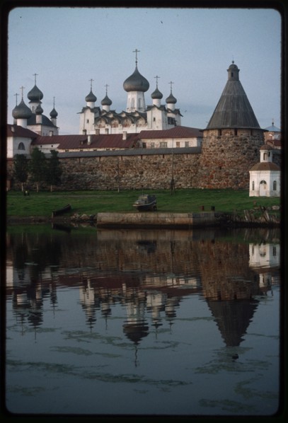 Monastery, Cathedral of the Transfiguration of the Savior (1558-1566), Church of St. Nicholas (1832-1834), (left), and Chapel of St. Peter (mid 19th century), southwest view across Bay of Felicity, So...
