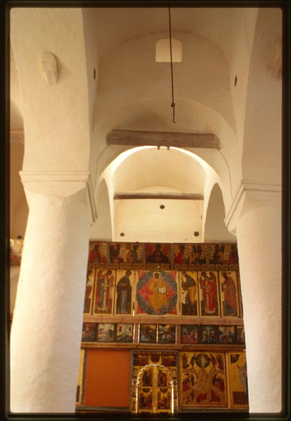 St. Cyril (Kirill)-Belozersk Monastery, Church of the Transfiguration over the Water Gate (1595), interior, view east with icon screen, Kirillov, Russia 1999.