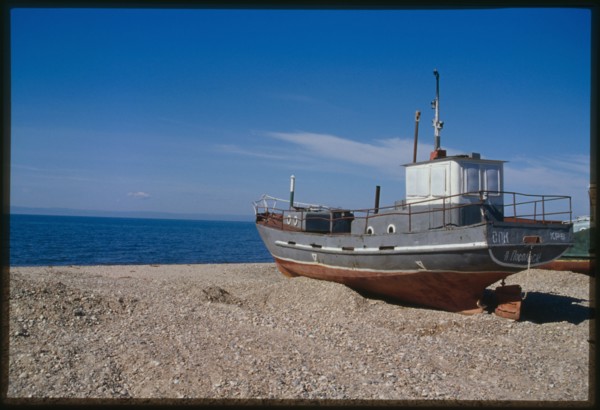 Eastern Shore of Lake Baikal, with fishing boat, Posol'skoe, Russia; 2000
