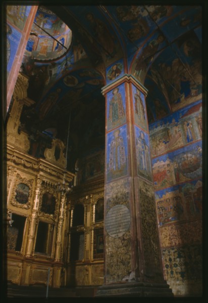 Church of Saint Nicholas Nadein (1620-22), interior, southeast corner, with icon screen and frescoes of scenes from the life of Saint Nicholas, Yaroslavl', Russia; 1997