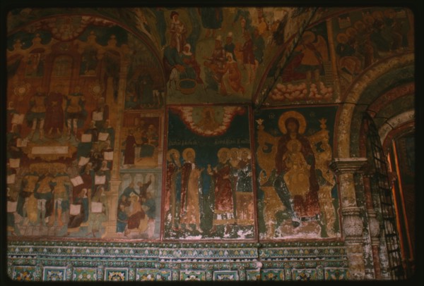 Church of Elijah the Prophet (1647-50), interior, west gallery, with ceramic ornament and fresco of Christ bound by Roman soldiers (1715-16), Yaroslavl', Russia; 1992