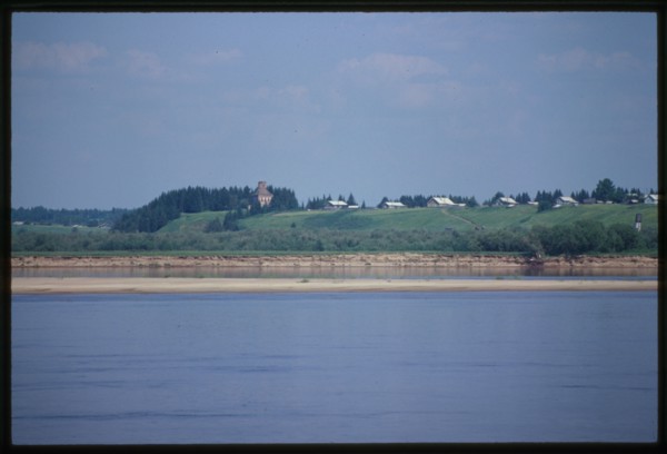 Brick Church of Trinity (18th century), southwest view taken from Dvina River on sidewheeler, Troitsa, Russia 1999.