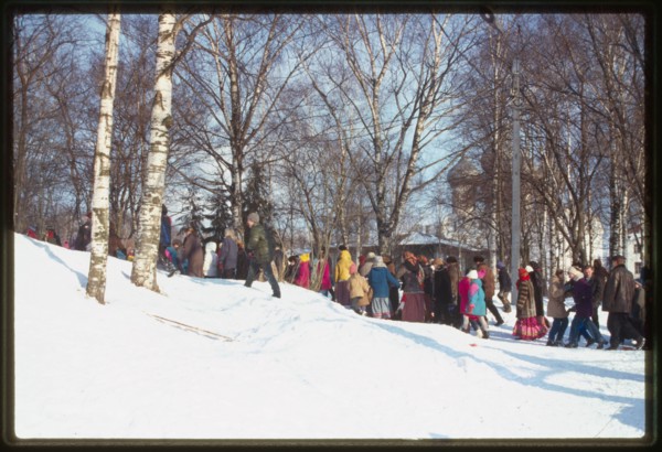 Maslennitsa festival procession, Cathedral park, Vologda, Russia 2000.