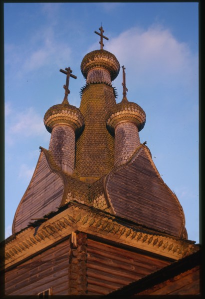 Church of the Hodigitria Icon of the Virgin (1763), northwest view, wooden domes, Kimzha, Russia; 2000