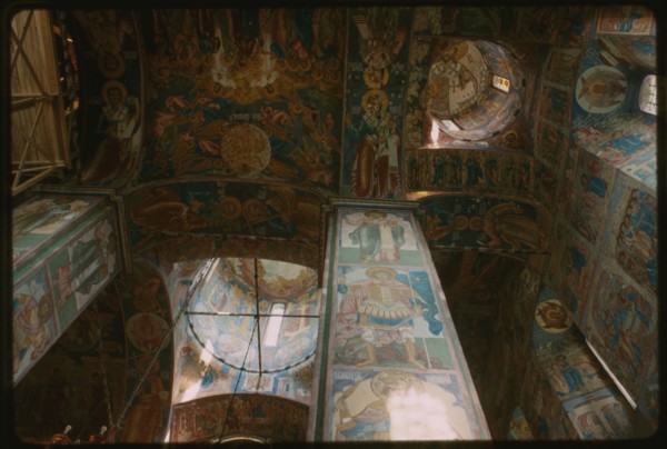 Church of Elijah the Prophet (1647-50), interior, west piers, with frescoes, including Archangel Michael (1680-81), Yaroslavl', Russia; 1994