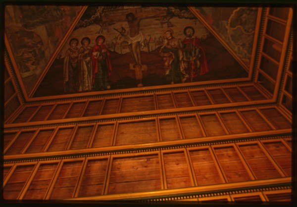 Log Church of the Prophet Elijah (1690-96), interior, ceiling painting of Crucifixion, Belozersk, Russia; 1999