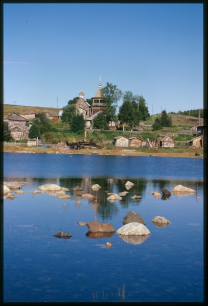 Church of St. Nicholas (1705), west view, across mouth of Kovda River, Kovda, Russia; 2001