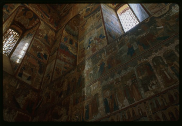 Church of John the Baptist at Tolchkovo (1671-87), interior, northwest corner with frescoes (1694-95), Yaroslavl', Russia; 1997