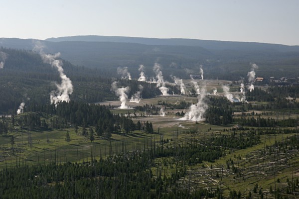 Aerial view of Upper Geyser Basin in Yellowstone National Park; Date: 22 June 2006