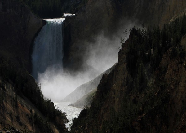 Mist from the Lower falls drifts into the Grand Canyon of the Yellowstone in Yellowstone National Park; Date: 3 August 2013