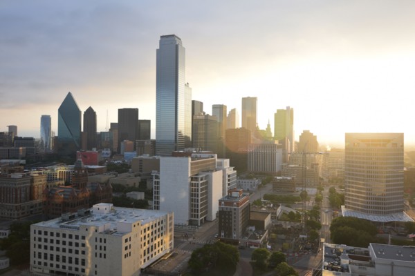 Early morning view of the Dallas, TX skyline