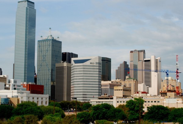 Construction cranes in downtown Dallas, TX (view looking east) ca. 2010