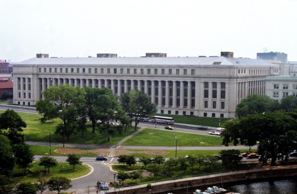 An aerial view of the office building for the Bureau of Printing and Engraving.