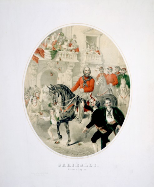 People cheering as Giuseppe Garibaldi rides into Naples