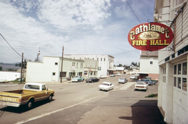 Small town traffic in front of the Cathlamet Fire Station