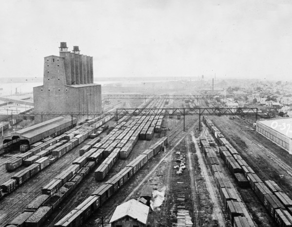 Trains in Railroad yard and grain elevator