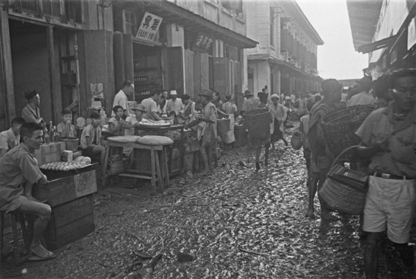 Shopping street in Palembang in Indonesia, Dutch East Indies ca. 1947