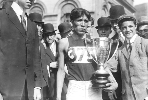Photo shows Hopi American long distance runner and Olympic medal winner Louis Tewanima (1888-1969) after winning a marathon in New York City, May 6, 1911.