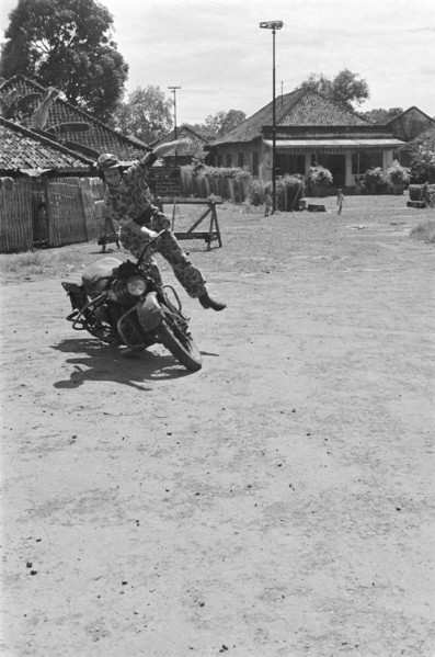 Demonstration skills motorcycle riding in Indonesia, Dutch East Indies ca. 1947