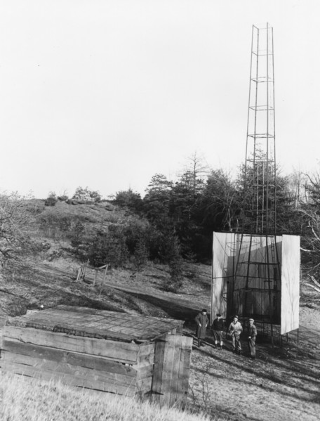 Dr. Robert H. Goddard's tower and shelter at the Army artillery range at Camp Devens, in Ayer, Massachusetts in the winter of 1929-1930. Goddard originally began testing rockets on his aunt's farm in ...