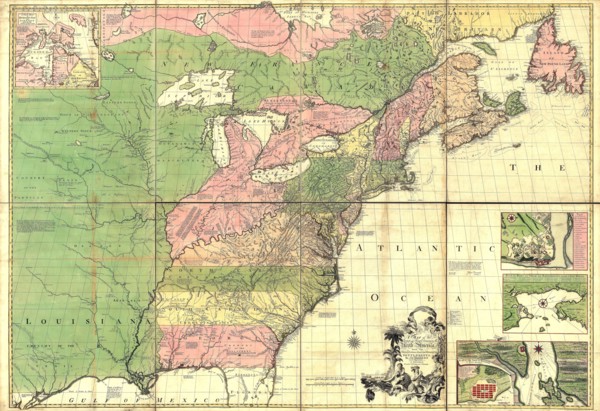 Vintage Maps / Antique Maps - A map of the British and French dominions in North America, with the roads, distances, limits, and extent of the settlements ca. 1755-1761