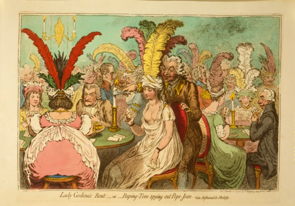 Lady Godina's rout; - or - Peeping-Tom spying out Pope-Joan ca. 1796, James Gillray, engraver