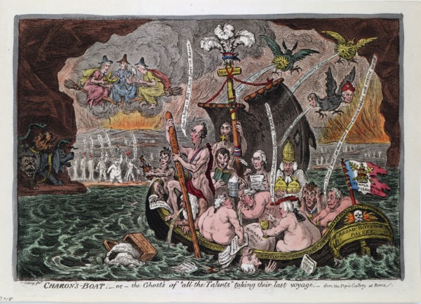 Charon's Boat - or - the Ghosts of 'all the Talents' taking their last voyage, - from the Pope's Gallery at Rome ca. 1807, James Gillray engraver
