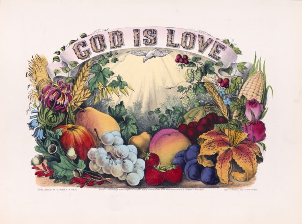 Dove, hovering in sunlight, over flowers, fruit, and grain underneath the phrase God is Love ca. 1874