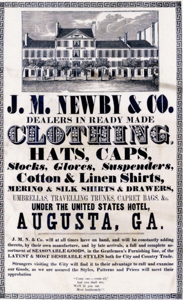 Print shows an advertisement for J.M. Newby & Co., a clothing dealer operating at the United States Hotel in Augusta, Georgia, with view of the hotel and additional text about the goods they offer. ca...