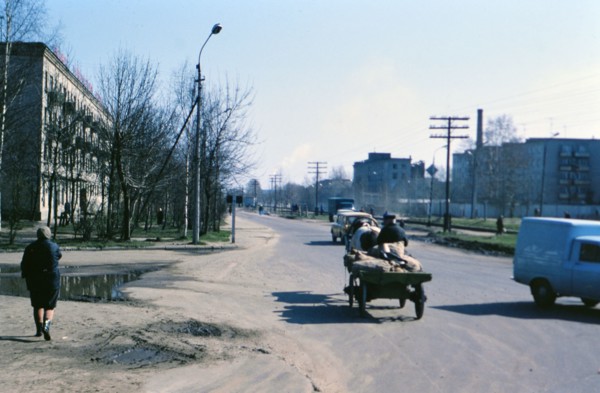 Russian man driving a cart drawn by an animal, horse or mule - 1970s Russia