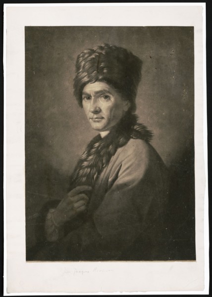 Jean-Jacques Rousseau, half-length portrait, facing left with right hand on chest, wearing fur-trimmed coat and hat ca. 1766