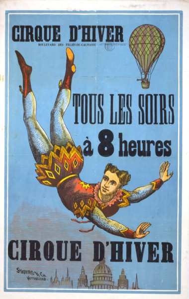 Cirque d'hiver ... Tous les soirs,à 8 heures Stafford & Co., Nottingham. - French poster shows an aerialist floating w arms outstretched above a city skyline 1880-1900