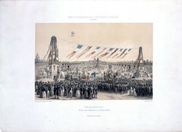 distant balloon ascending above the Champ de Mars in Paris, France, on May 21, 1848, in a ceremony commemorating the French Republic. -Fête de la Concorde, arrivée des co