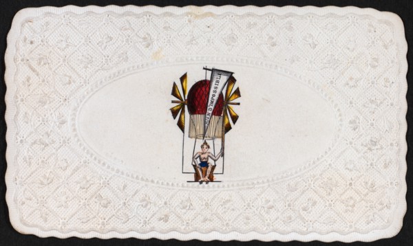 Embossed card shows balloon labelled rien d'impossible ascending with passenger 1860-1900