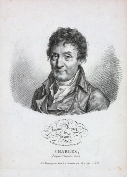 Head-and-shoulders portrait of French balloonist Jacques Alexandre César Charles, who made the first flight in a hydrogen balloon, Dec. 1, 1783