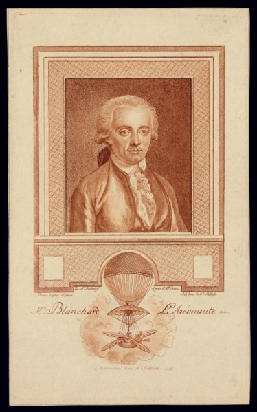Head-and-shoulders portrait of French balloonist Jean-Pierre Blanchard. Includes image of Blanchard's balloon demonstrating his experiments with balloon navigation