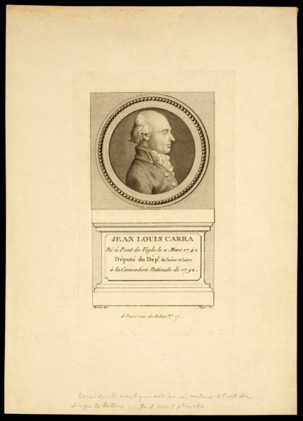 Head-and-shoulders profile portrait of Jean-Louis Carra. -Jean Louis Carra, né à Pont de Veyle le 11 mars 1742, député du Dépt. de Saône et Loire, à la Convention nationa