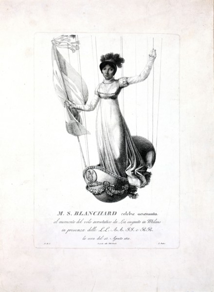 portrait of French balloonist Marie-Madeleine-Sophie Armand Blanchard, standing in the decorated basket of her balloon during her flight in Milan, Italy, in 1811
