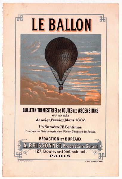 Advertisement for the French aeronautical journal Le ballon shows a balloon carrying two passengers flying in the clouds. Clipping from a book or periodical 1883